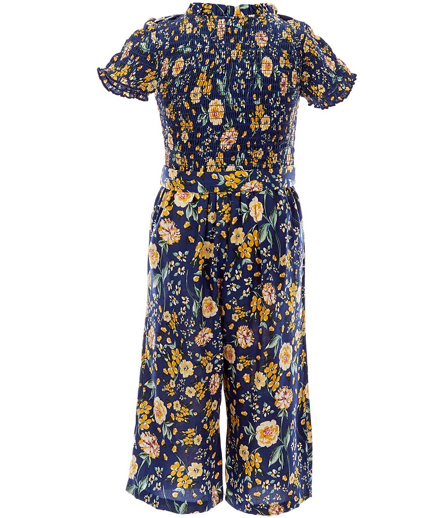 Bonnie Jean Little Girls 4-6X Short-Sleeve Smocked Floral Challis Tie Waist Jumpsuit