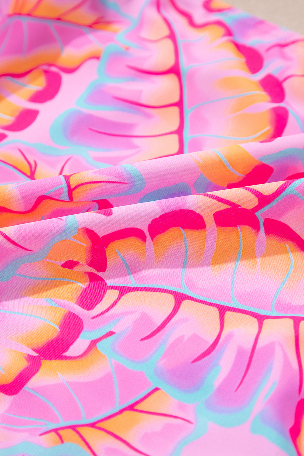 Black Plant Print Zip Front Half Sleeve One Piece Swimsuit