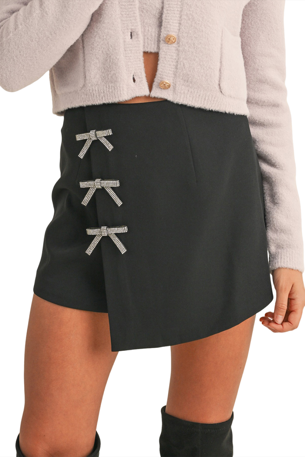 Black Rhinestone Bow High Waist Mini Skirt