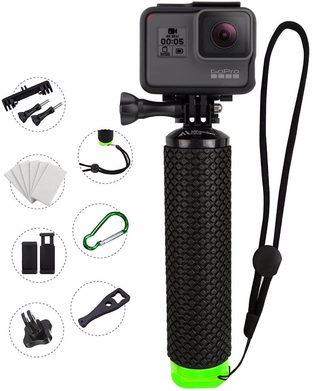 Waterproof Floating Hand Grip Compatible with GoPro Cameras Hero 8 7 6 5 4 3 2 1 Session Black Silver Handler Plus Free Handle Mount Accessories for Water Sport and Action Cameras (Green)