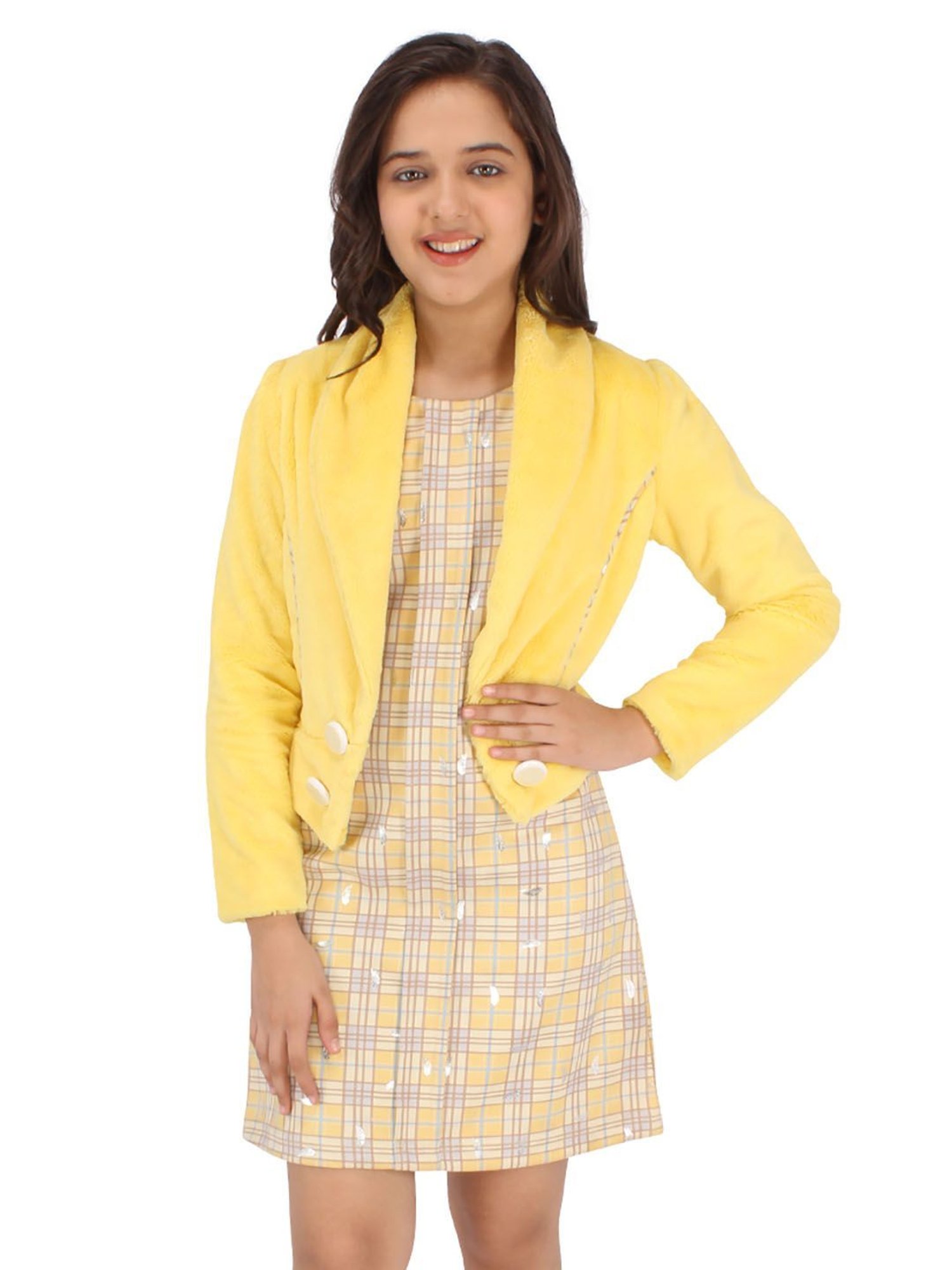 Cutecumber Yellow Checks Full Sleeves Dress with Shrug