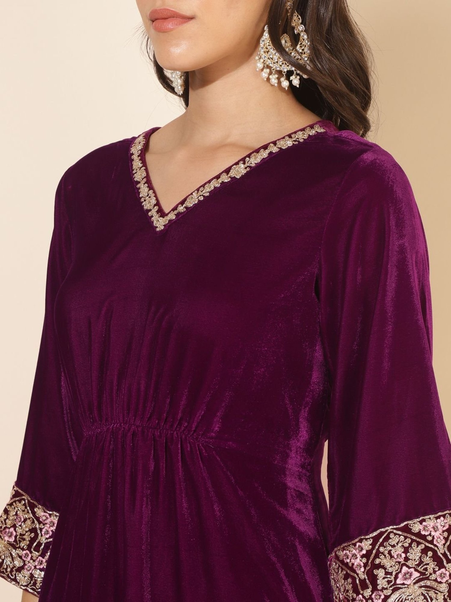 Janasya Purple Embroidered Kurta Palazzo Set