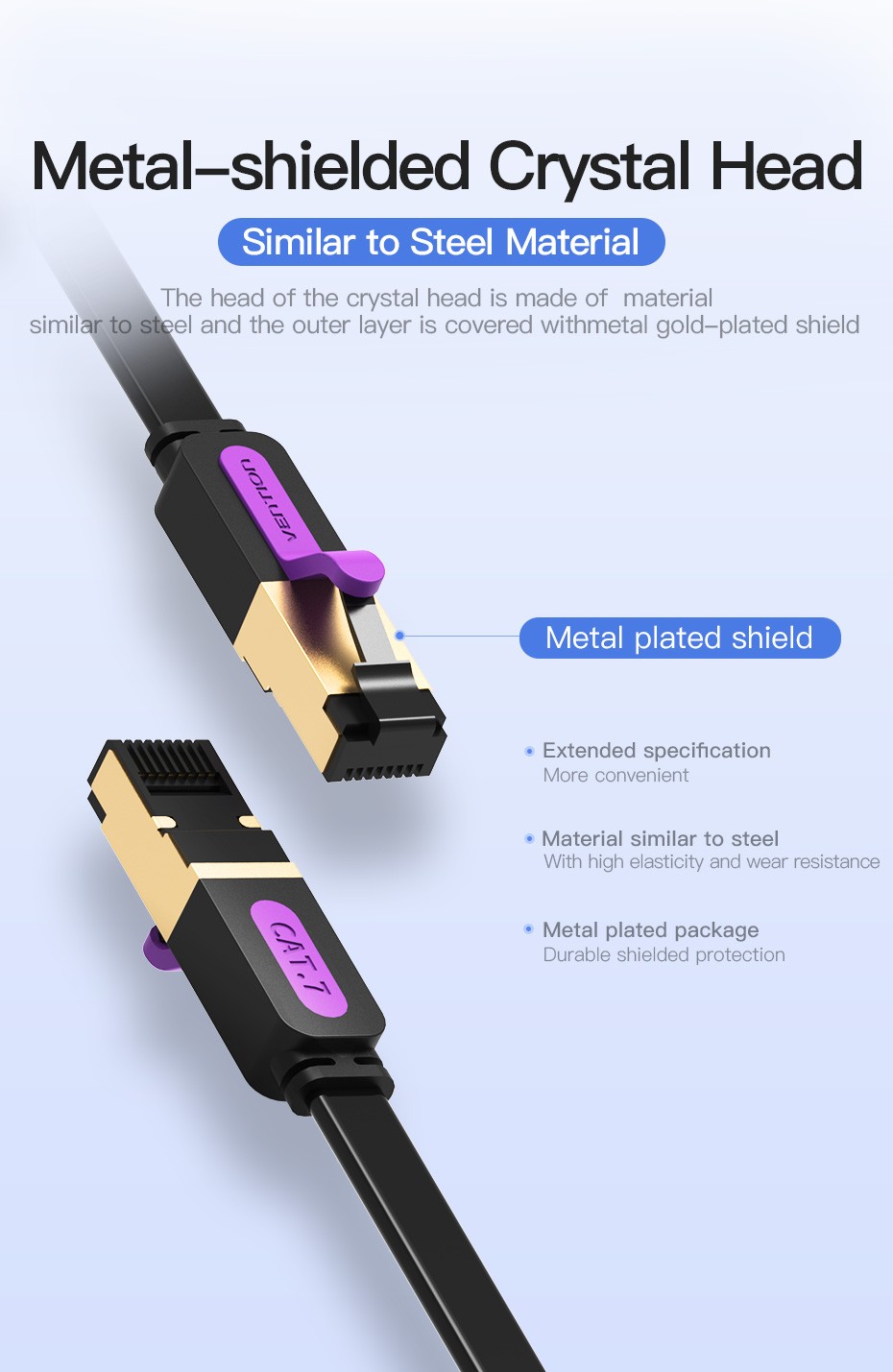 Cat7 Ethernet Cable, Vention Flat High Speed 10 Gigabit LAN Network Patch Cable with Clips, Faster Than Cat6 Cat5e, Shielded RJ45 Connectors for Xbox One, Switch, Router, Modem, Printer- Black/6ft