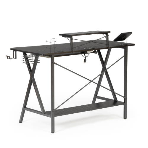 47" Gaming Desk Table, E-Sports Computer Desk with PC Stand Shelf Keyboard stand Power Strip with USB Cup Holder & Headphone Hook Home Office Desk Gamer Desk Writing Table, Carbon Fiber Coated Black