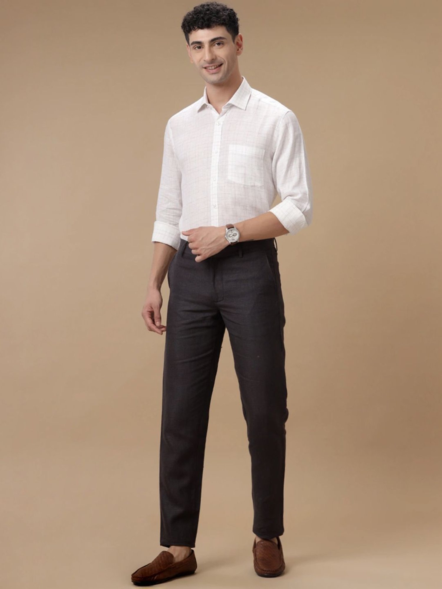 Linen Club White Linen Contemporary Fit Checks Shirt