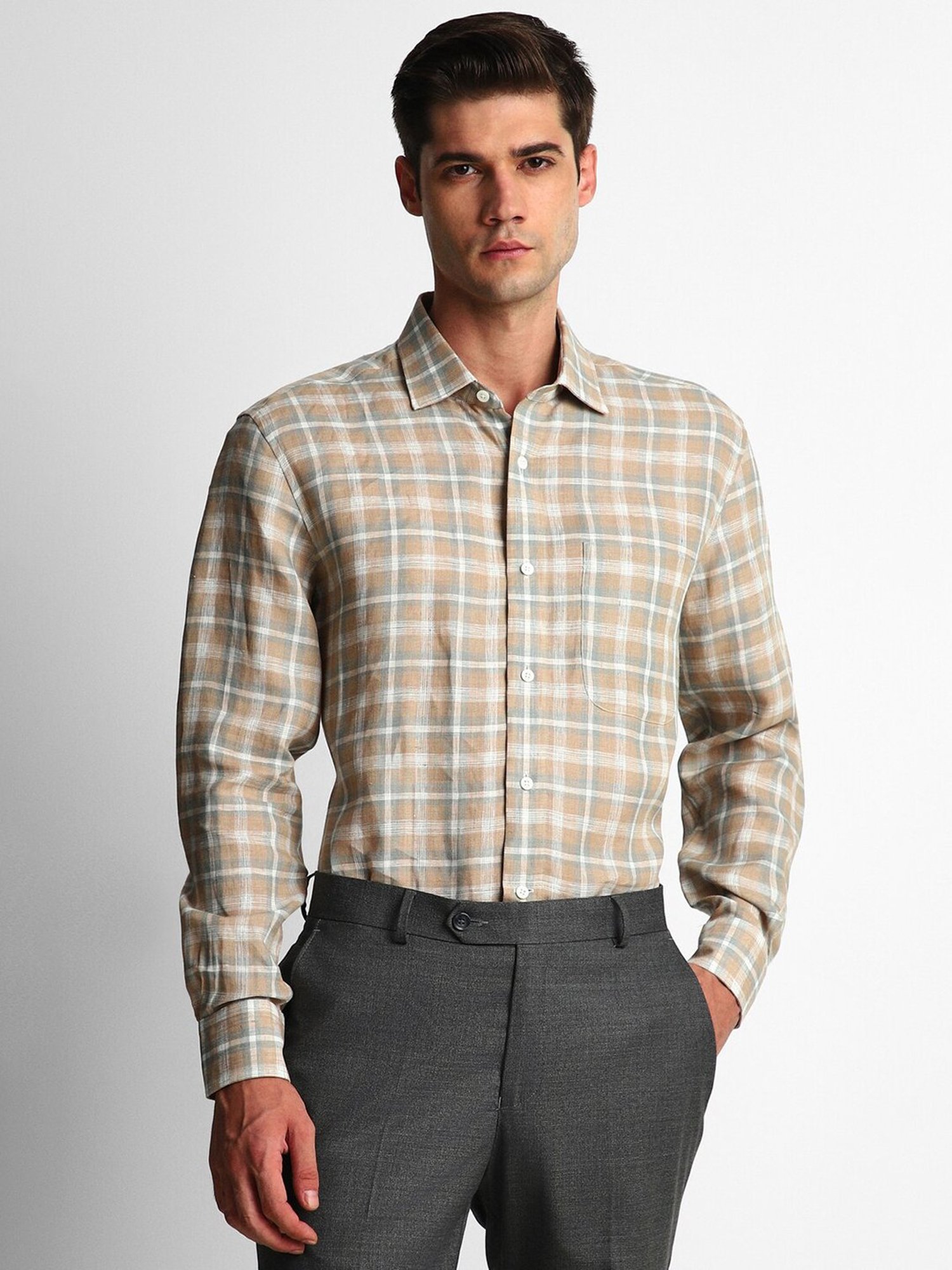 Luxure By Louis Philippe Beige Regular Fit Check Linen Shirt