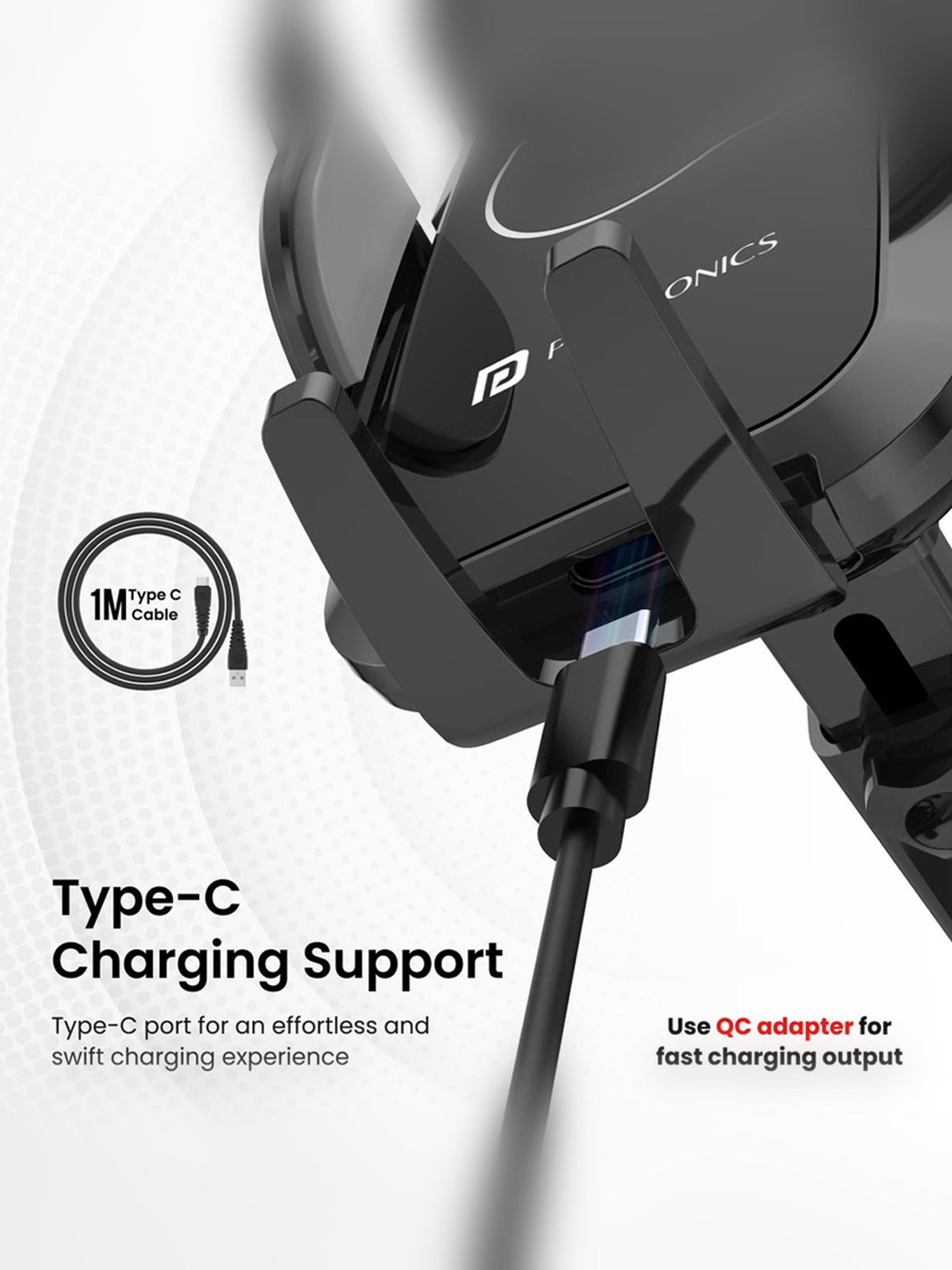 Portronics POR-1767 Charge Clamp 2 Mobile Holder with 15W Wireless Charging (Black)