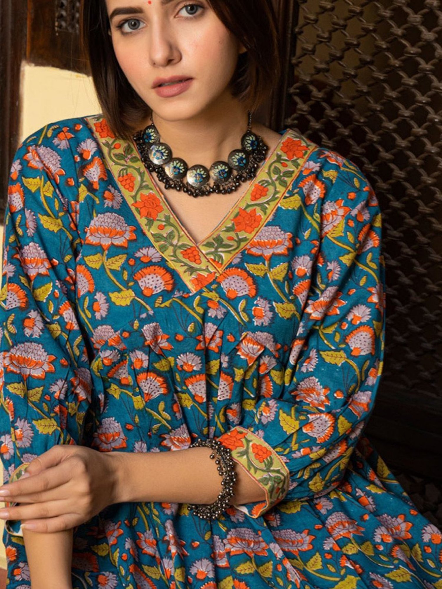 Eeshva India Blue & Orange Florest Jaal Hand Blocked Kurta In Cotton