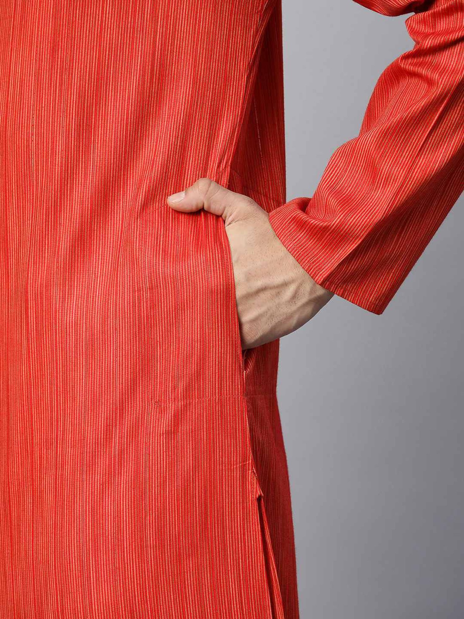 ManQ Red Pure Cotton Regular Fit Printed Kurta