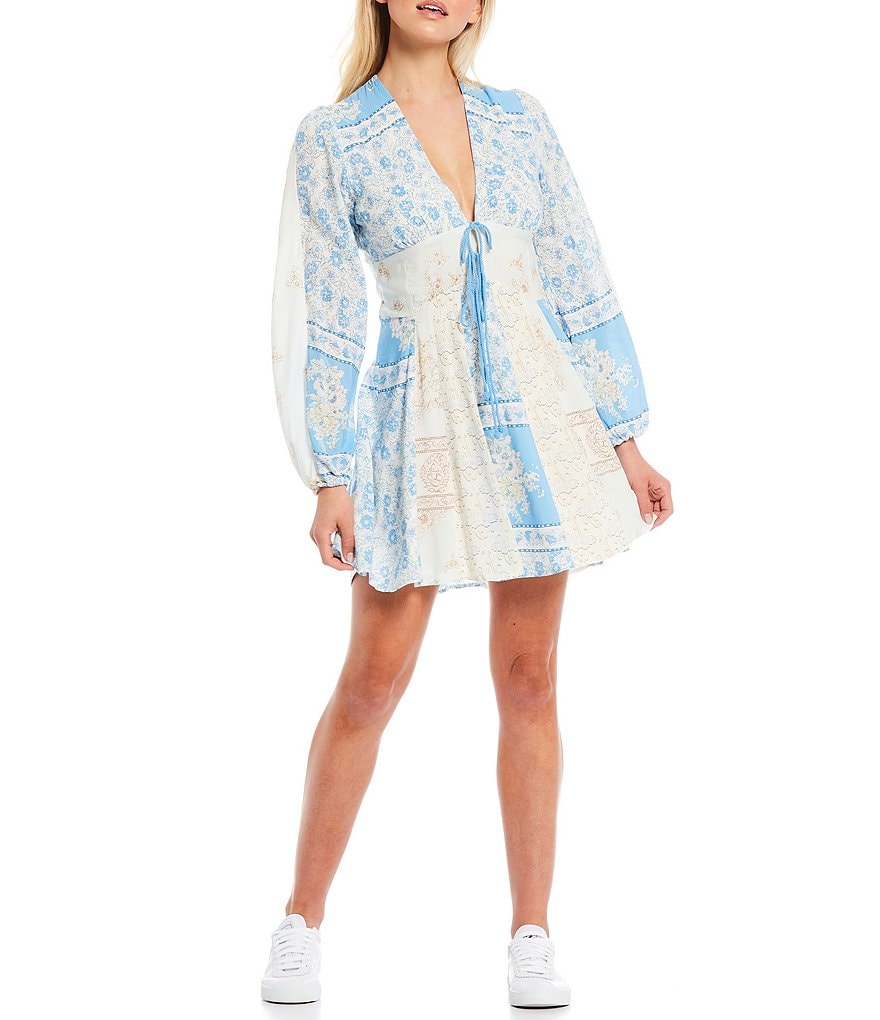 Free People Mixin It Up Long Sleeve Deep V-Neck Mini Dress