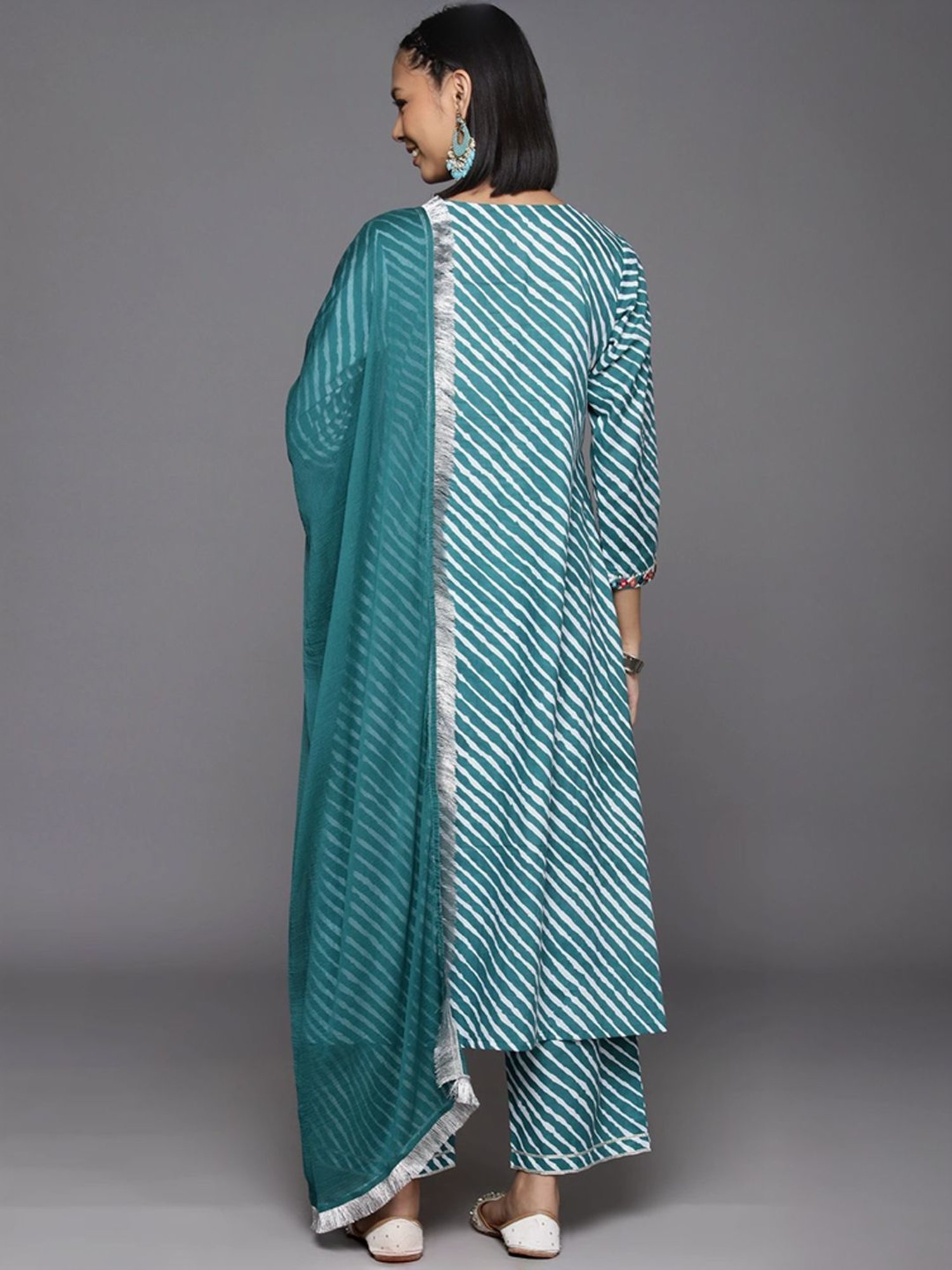 Varanga Turquoise Cotton Striped Kurta Palazzo Set With Dupatta