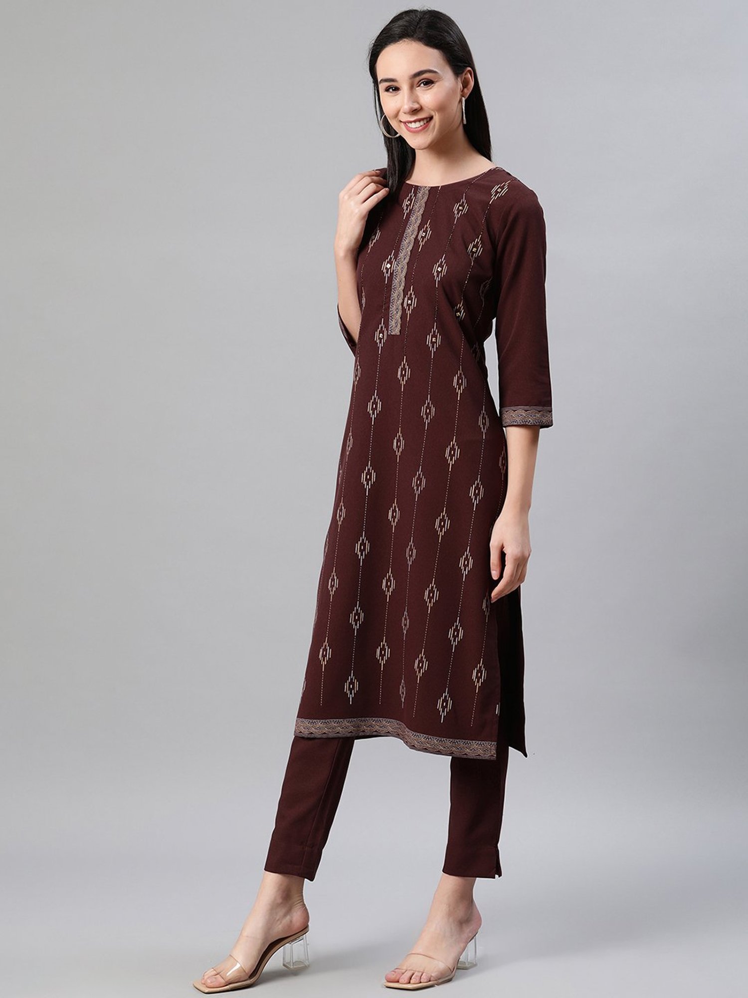 Ziyaa Brown Printed Straight Kurta