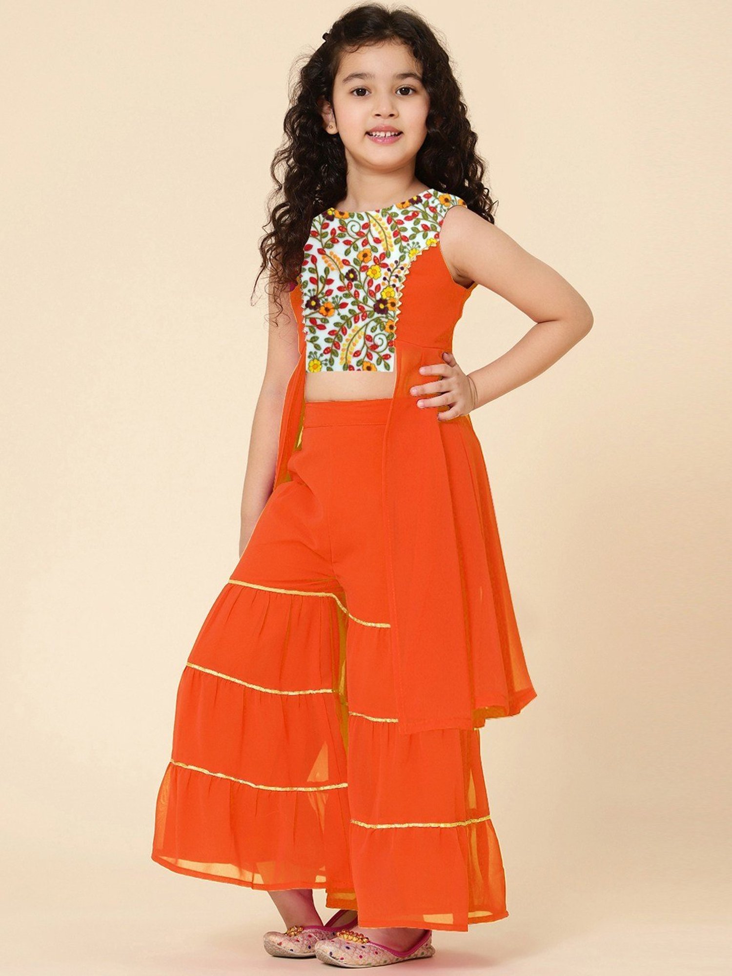 A.T.U.N. Kids Orange & Yellow Embroidered Kurta Set