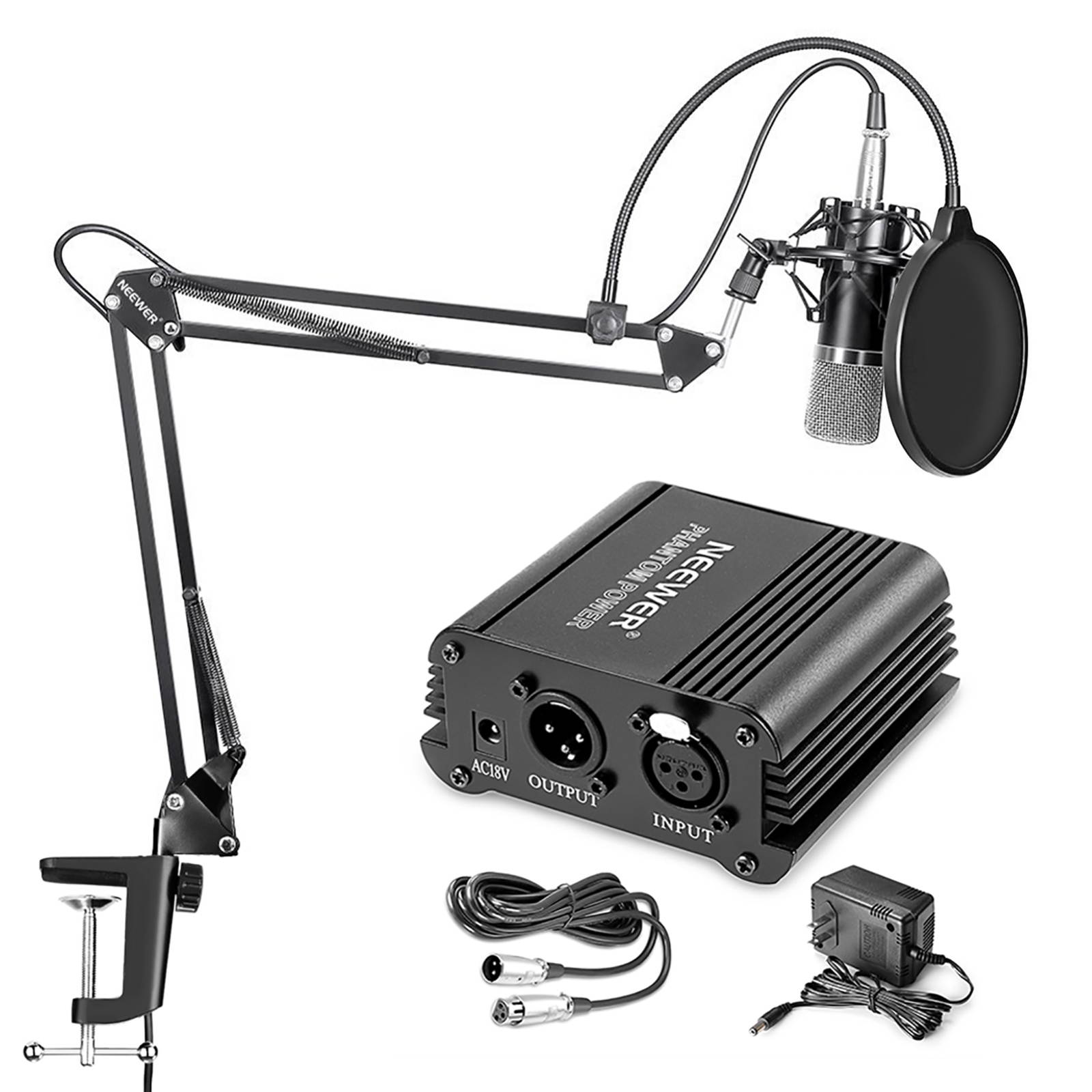 Neewer NW-700 Professional Condenser Microphone & NW-35 Suspension Boom Scissor Arm Stand with XLR Cable and Mounting Clamp & NW-3 Pop Filter & 48V Phantom Power Supply with Adapter Kit