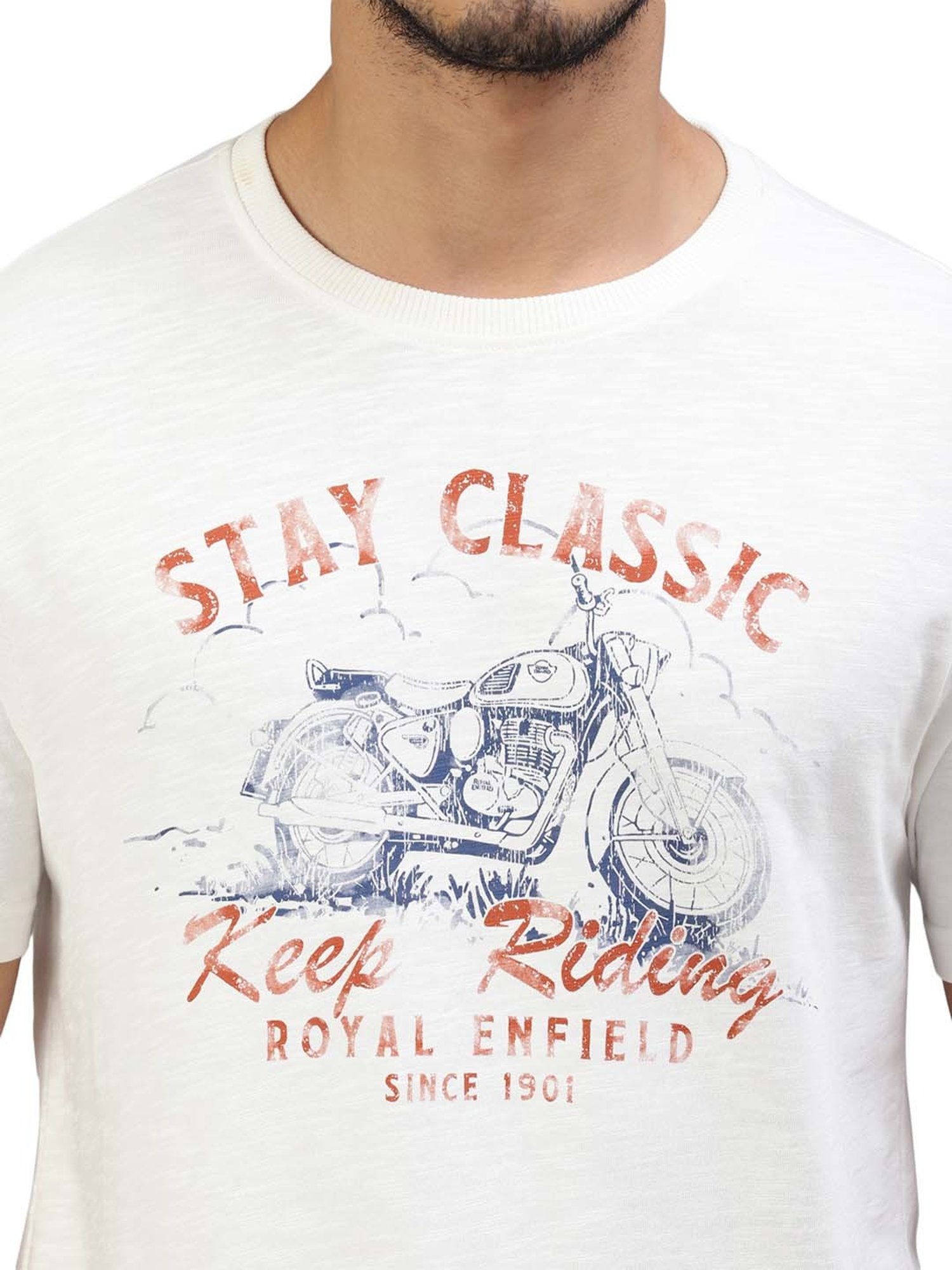 Royal Enfield Ride On White Regular Fit Printed Crew T-Shirt