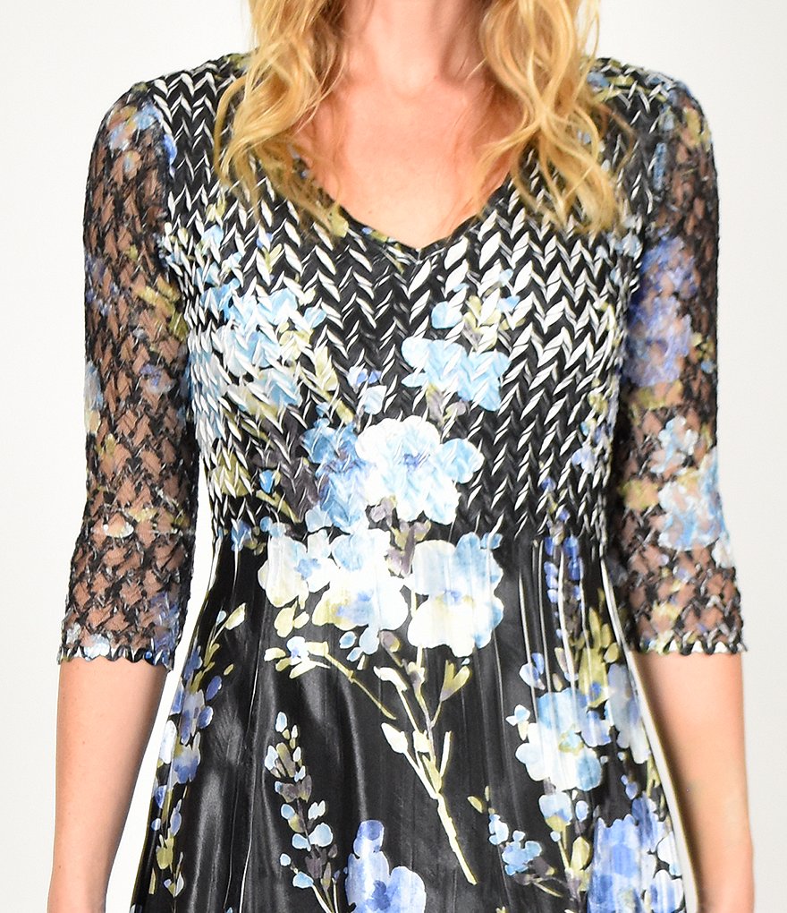 Komarov V-Neck 3/4 Sleeve A-Line Floral Print Midi Dress
