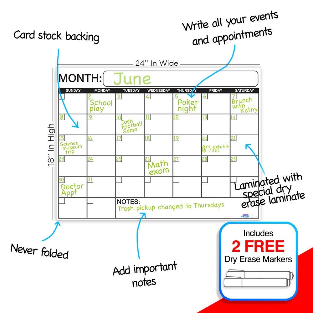 Best EXTRA LARGE Dry Erase Wall Calendar Planner & Organizer 36&rdquo; x 48&rdquo; in Laminated Dry or Wet Erase Print Squares to Plan Your Whole Day - Perfect for School Classes Office Cubical Home College Dorms