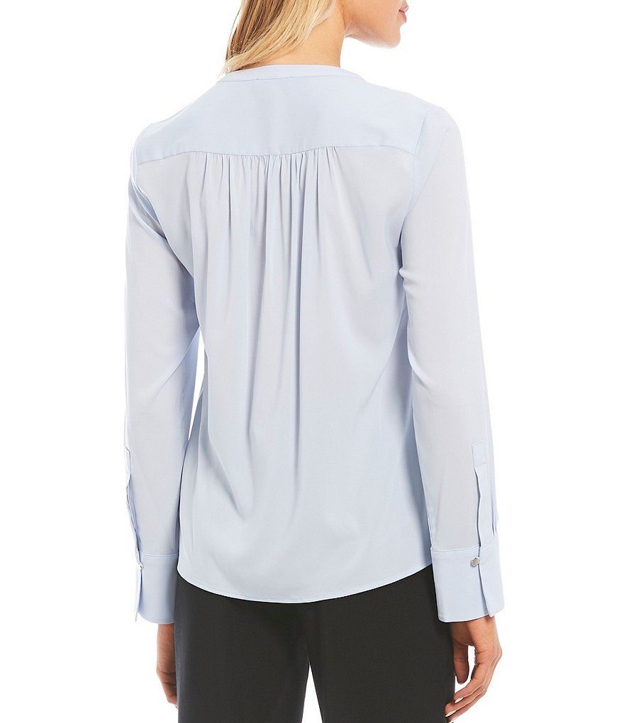 Calvin Klein Petite Size Solid Crepe de Chine Split V-Neck Long Sleeve Blouse