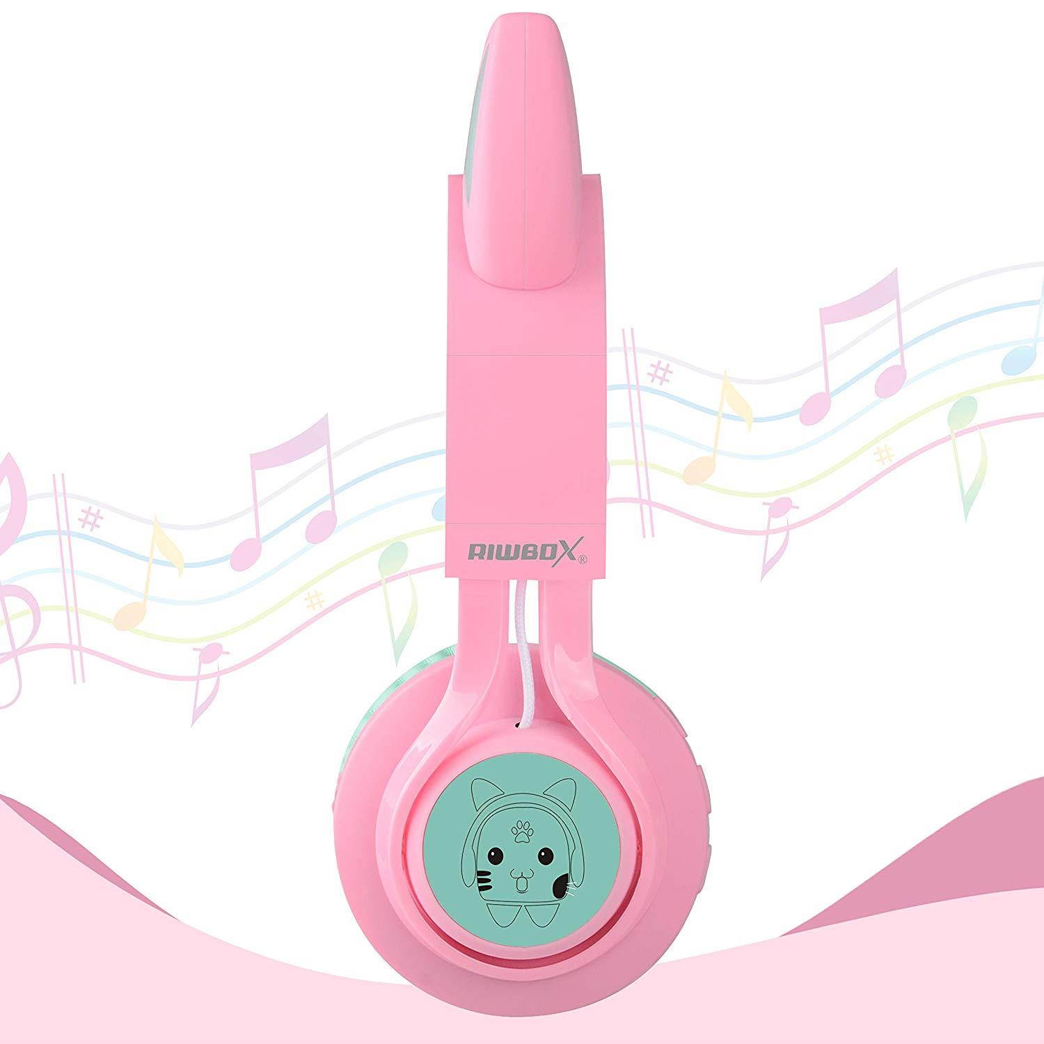 Riwbox Bluetooth Headphones, Riwbox CT-7 Cat Ear LED Light Up Wireless Foldable Headphones Over Ear Microphone Volume Control iPhone/iPad/Smartphones/Laptop/PC/TV (Pink&Green)