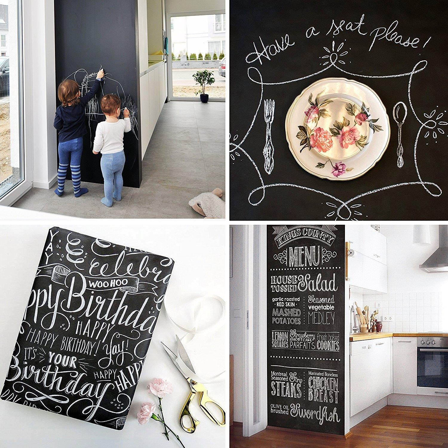 Extra Large Chalkboard Contact Paper Vinyl Wall Decal Poster (6.5 Feet) Blackboard Roll Adhesive Chalk Board Paint Alternative w/Bonus Chalks - Peel and Stick Black DIY Wallpaper Sizes 17.8" X 78.7"