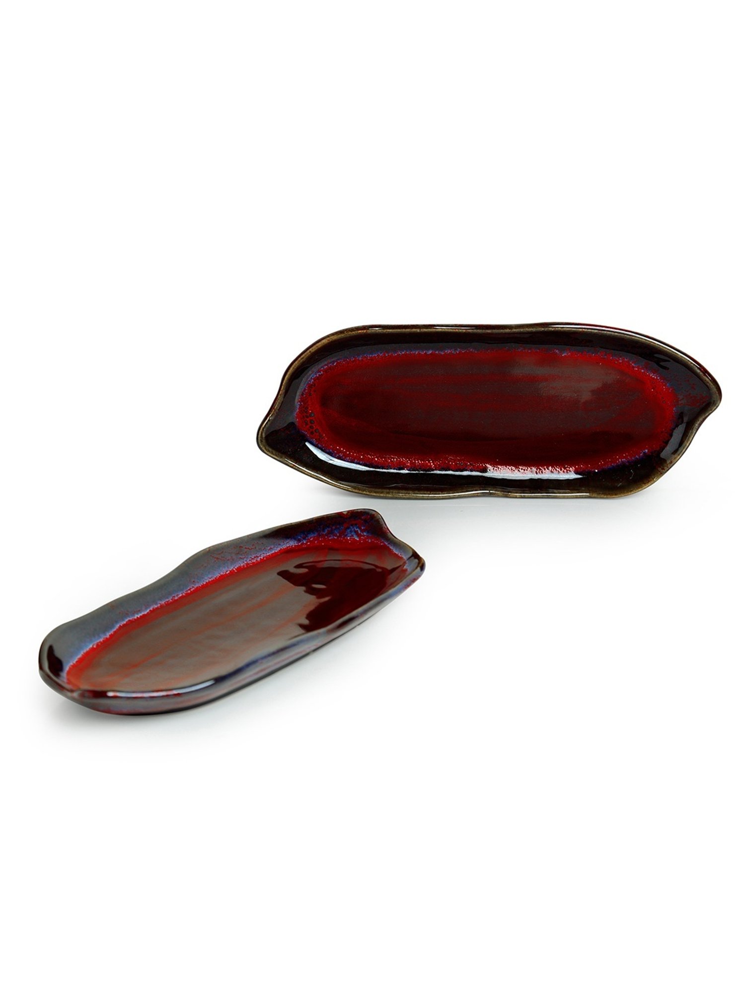 ExclusiveLane 'Crimson Canoe' Hand Glazed Studio Pottery Ceramic Serving Platter (Set Of 2)