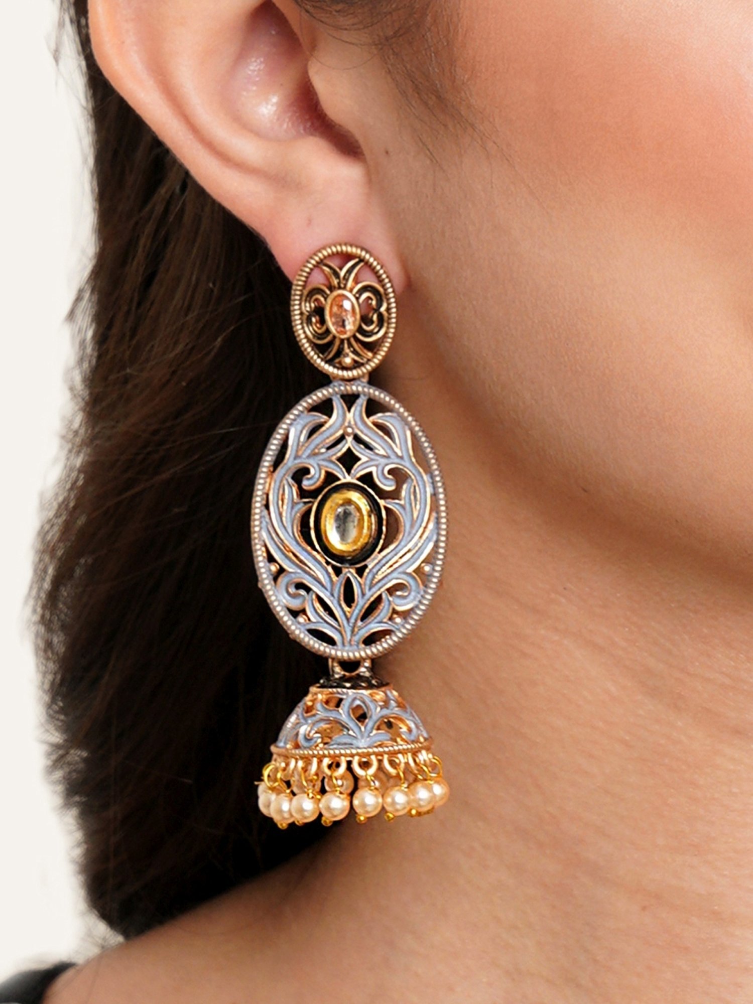 Karatcart Gold-Plated Grey Meena Dangler Jhumki Earrings for Women