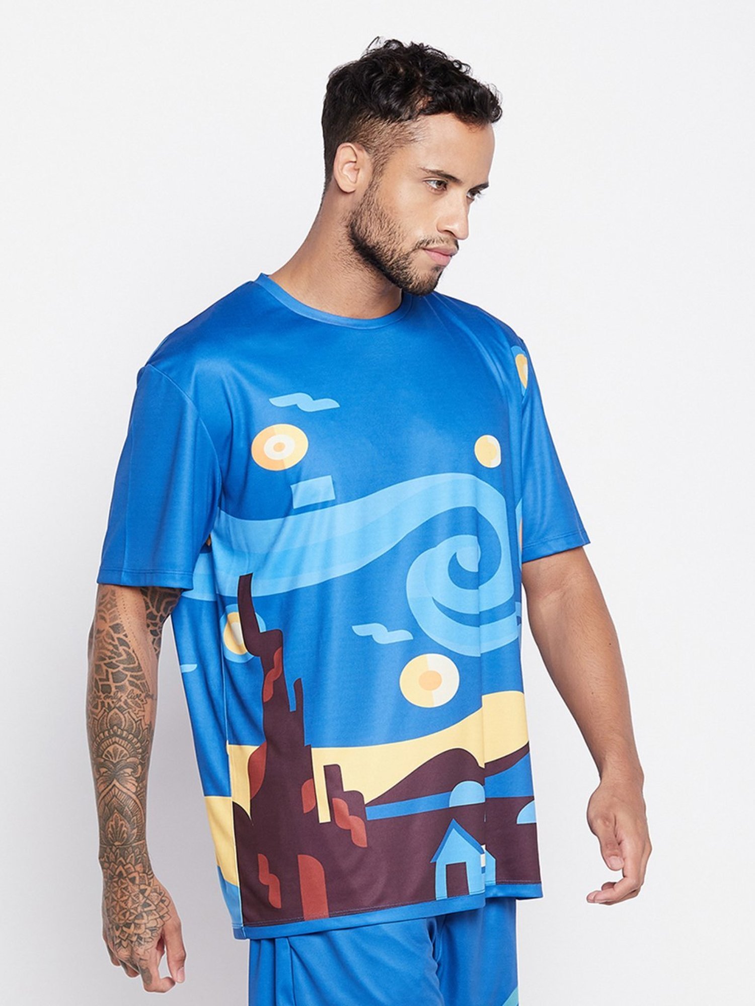 Edrio Blue Cotton Relaxed Fit Printed T-Shirt