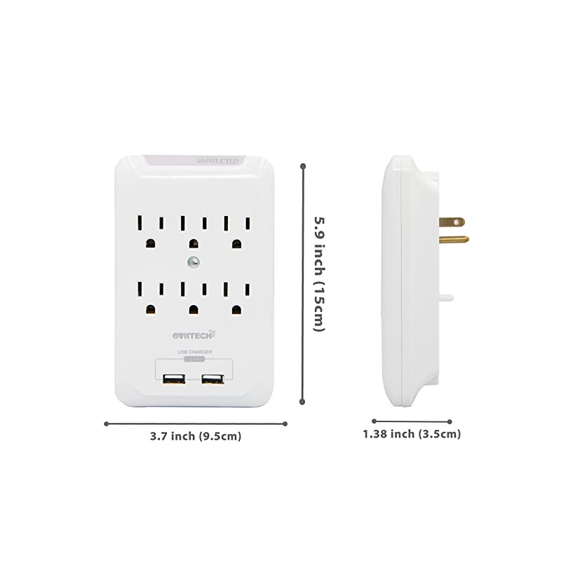 MultiFunction Wall Mount Outlet Adapter Surge Protector Charging Station  Dual 21AMP USB Charging Ports6 AC Socket Outlet Splitter PlugsWhiteETL Certified