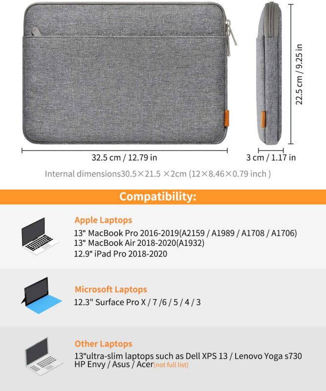 Inateck 13 Inch Laptop Case Sleeve Compatible MacBook Pro 13 inch 2016-2020, MacBook Air 13 Inch 2020/2019/2018, Surface Pro 7/6/X/5/4/3, iPad Pro 12.9 inch 2020