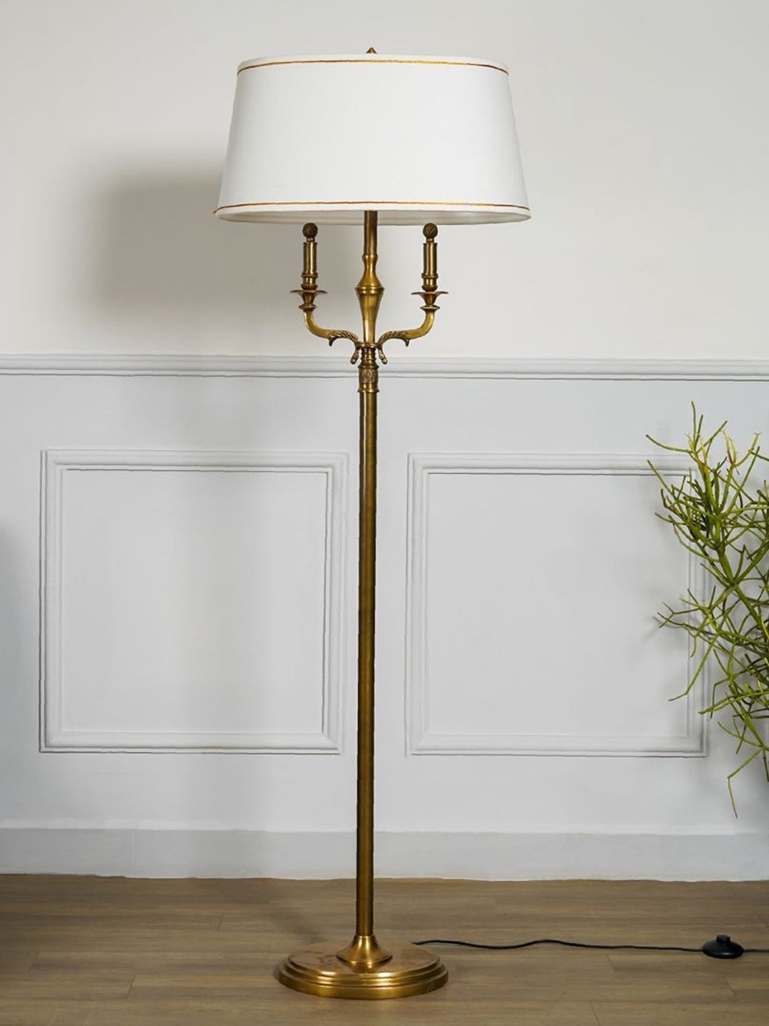 Kapoor Lamp Shades Brass & White Nixon Pure Cotton Shade Floor Lamp