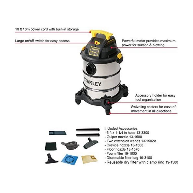 Stanley SL18116 Universal Portable Stainless Steel 6 Gallon Wet Dry Floor Shop Vacuum Cleaner and Blower with Wheels