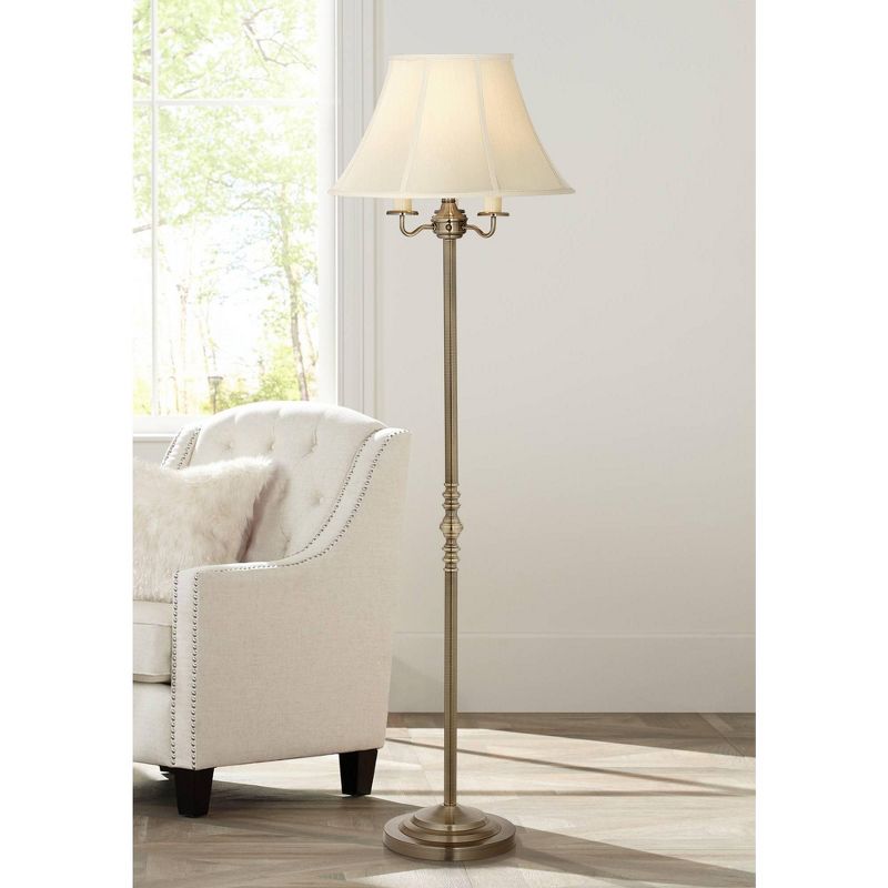 Regency Hill Traditional Floor Lamp Antique Brass Shabby Chic Off White Bell Shade Candelabra for Living Room Reading Bedroom