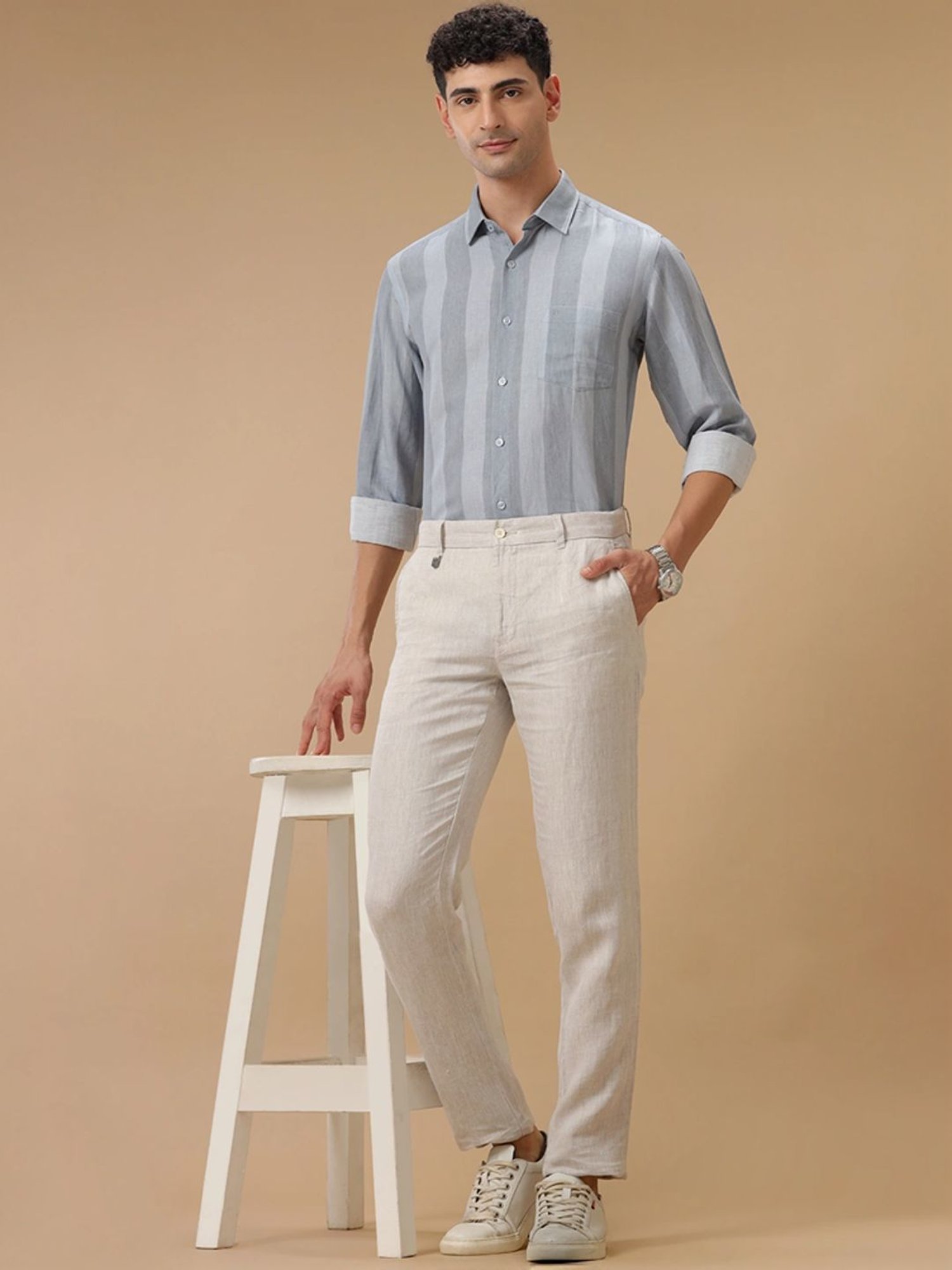 Linen Club Grey Contemporary Fit Striped Shirt