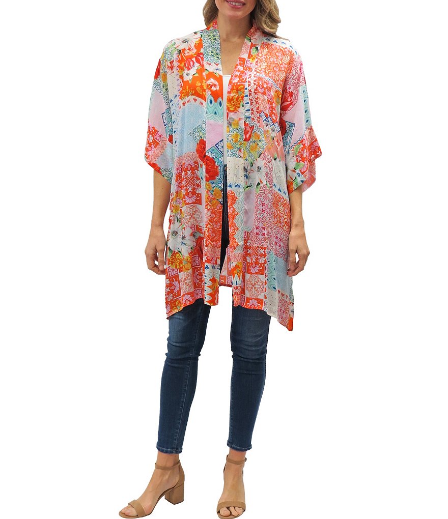 Karyn Seo Alva Patch Print Open Front 3/4 Sleeve Chiffon Kimono
