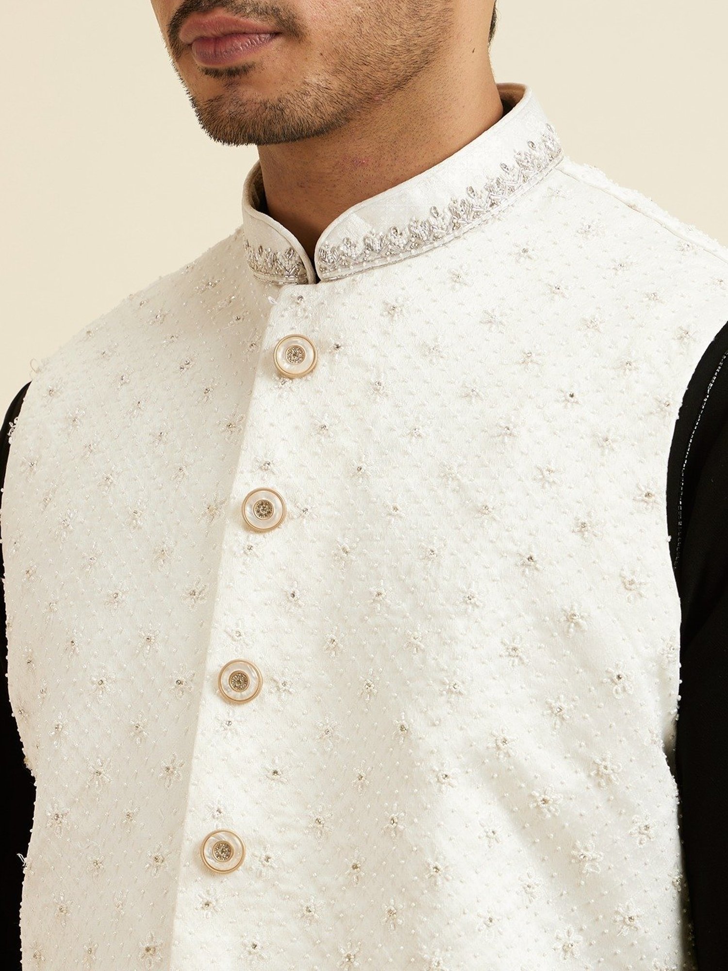 Manyavar White Regular Fit Embellished Nehru Jacket