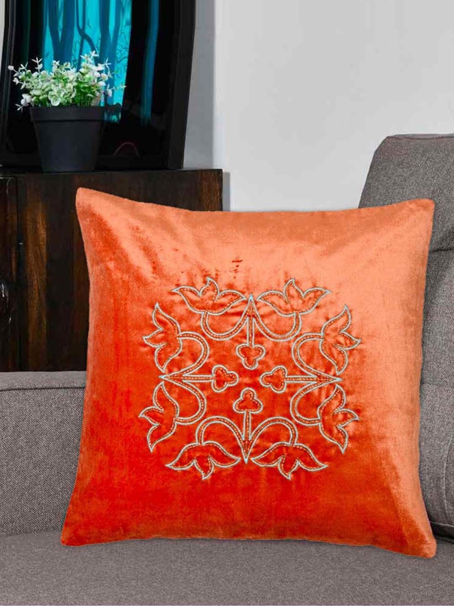 @home Nilkamal Orange Cotton Cushion Cover