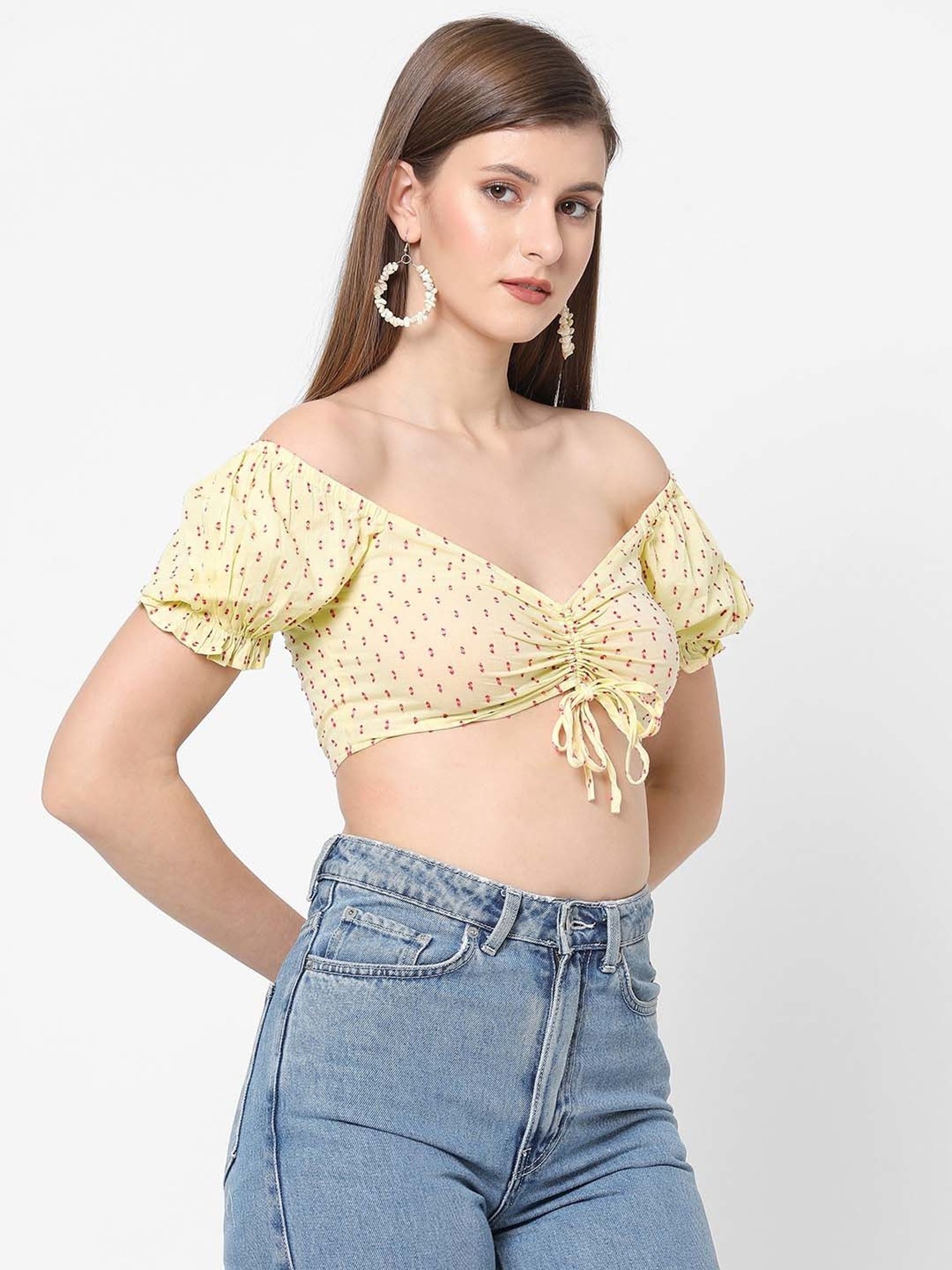 VASTRADO Yellow Cotton Self Pattern Crop Top