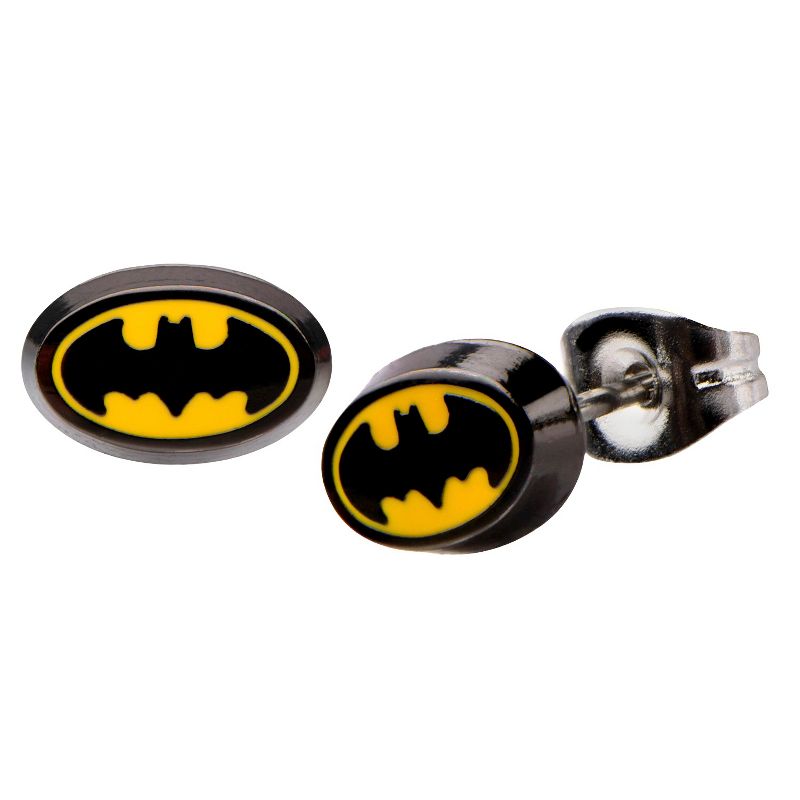 DC Comics Batman Logo Stainless Steel Oval Stud Earrings - Black/Yellow