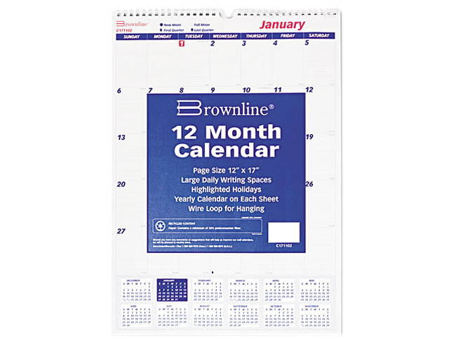 Rediform C171102 Brownline One Month Per Page Twin Wirebound Wall Calendar, 12 x 17