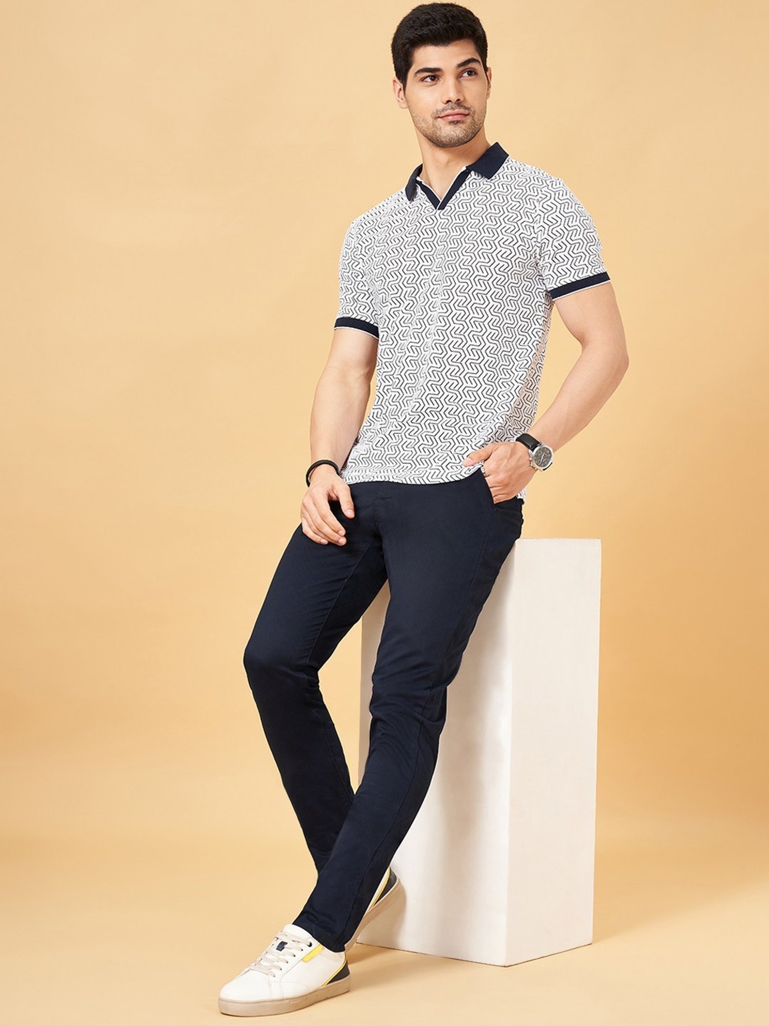 Byford By Pantaloons White Slim Fit Printed Polo T-Shirt