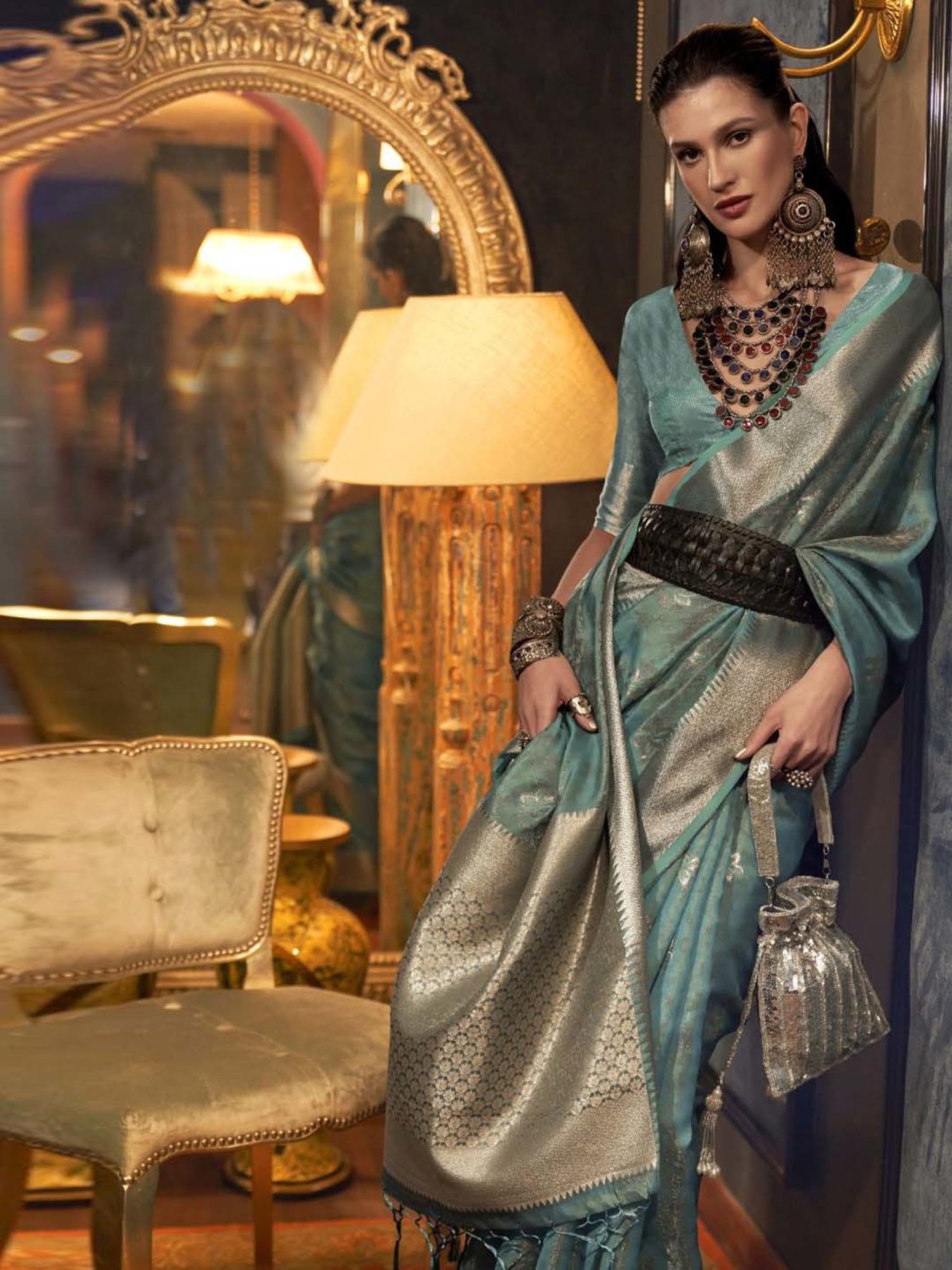 Elora Green Woven Saree With Unstitched Blouse