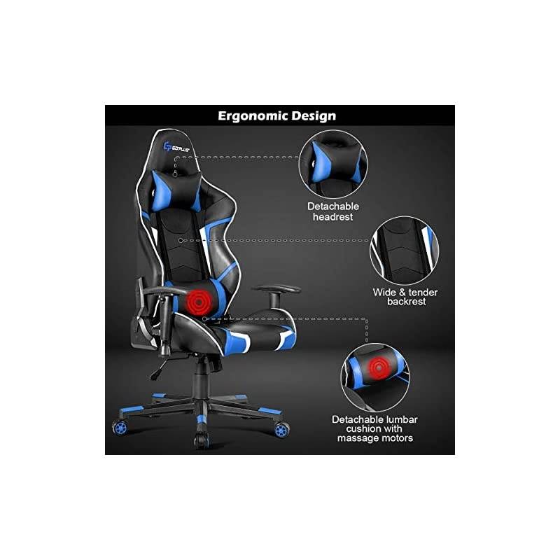Gaming Chair, Massage Office Chair Computer Gaming Racing Chair, High Back PU Leather Adjustable Arms Headrest Ergonomic Reclining Game Chair, Rolling Swivel Executive Chair