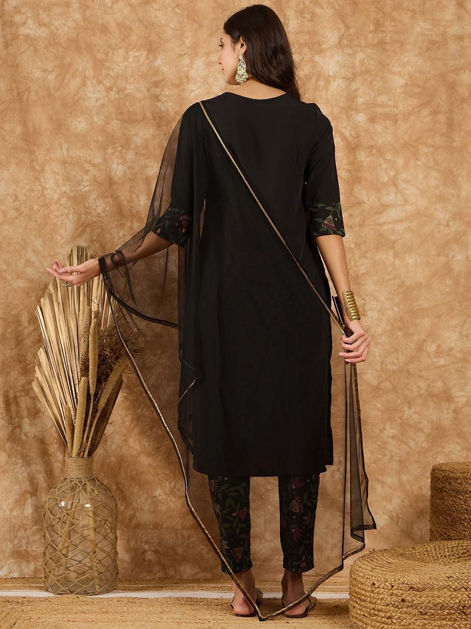 Ziyaa Black Printed Kurta With Pant & Dupatta