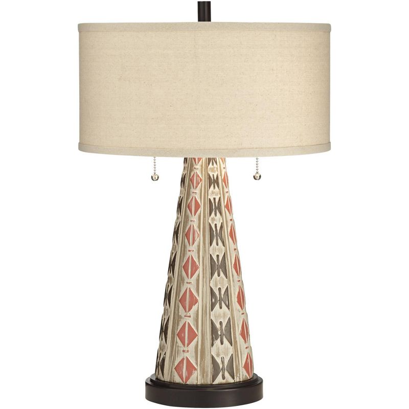 John Timberland Table Lamps Set of 2 with USB Port Southwest Style Tapering Column Oatmeal Fabric Drum Shade Living Room Bedroom