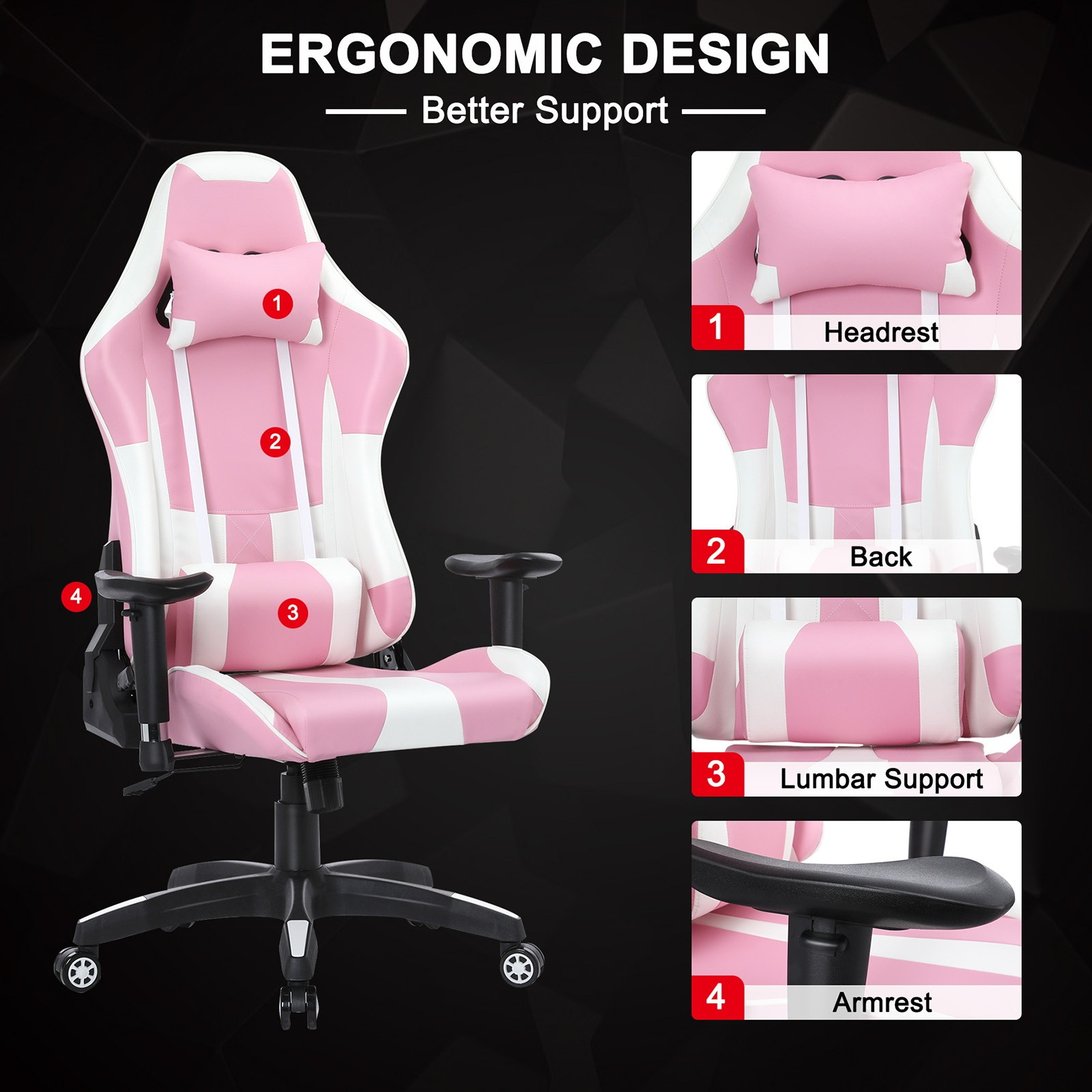 YOUTHUP Racing Style Gaming Chair Adjustable Ergonomic Computer Desk Chair,PU Leather Racing Reclining Swivel High Back Chair with Headrest and Lumbar Support,Pink