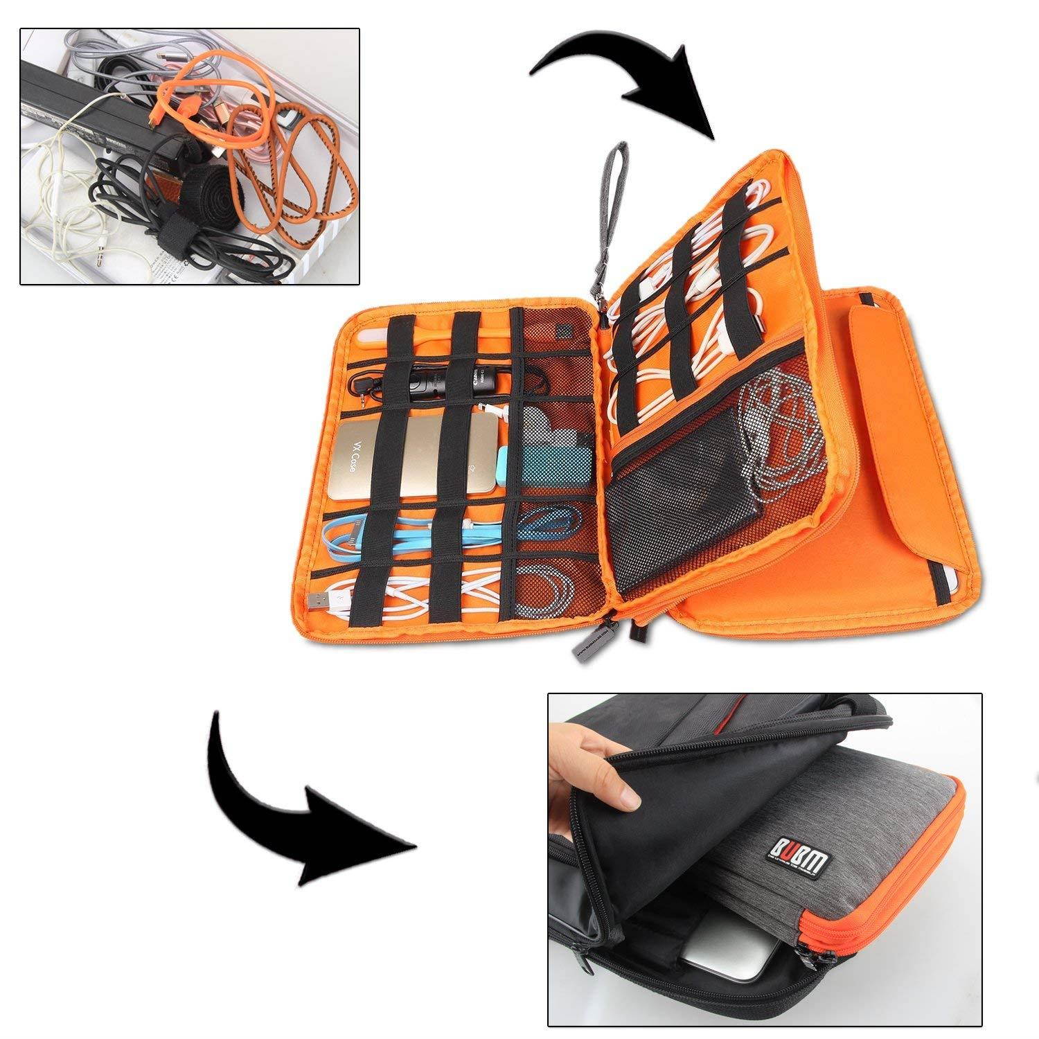 BUBM Travel Cable Organizer, Universal Electronic Accessories Bag Gear Storage for Cord, USB Flash Drive, Earphone and More, Perfect Size for iPad (Large, Grey and Orange)
