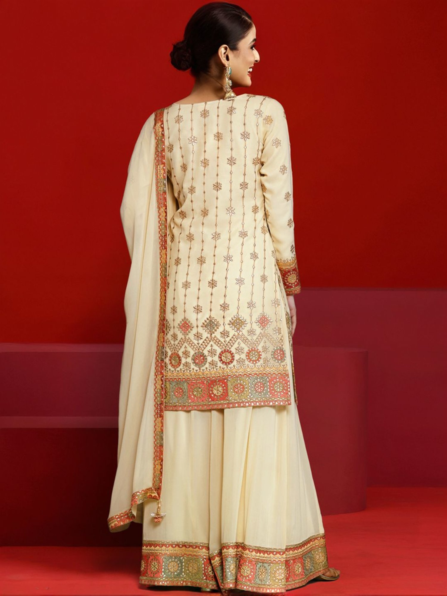 Libas Art Beige Embroidered Kurta Palazzo Set With Dupatta