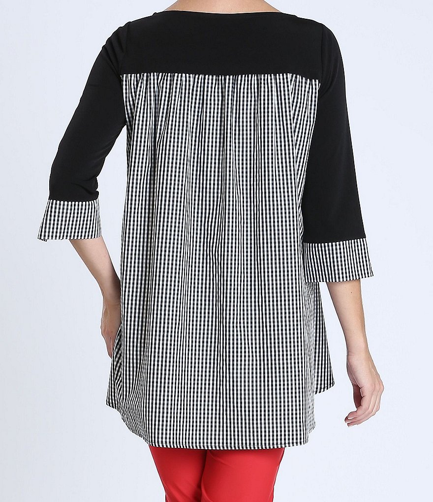 IC Collection Boat Neck 3/4 Sleeve Gingham Hi-Low Tunic