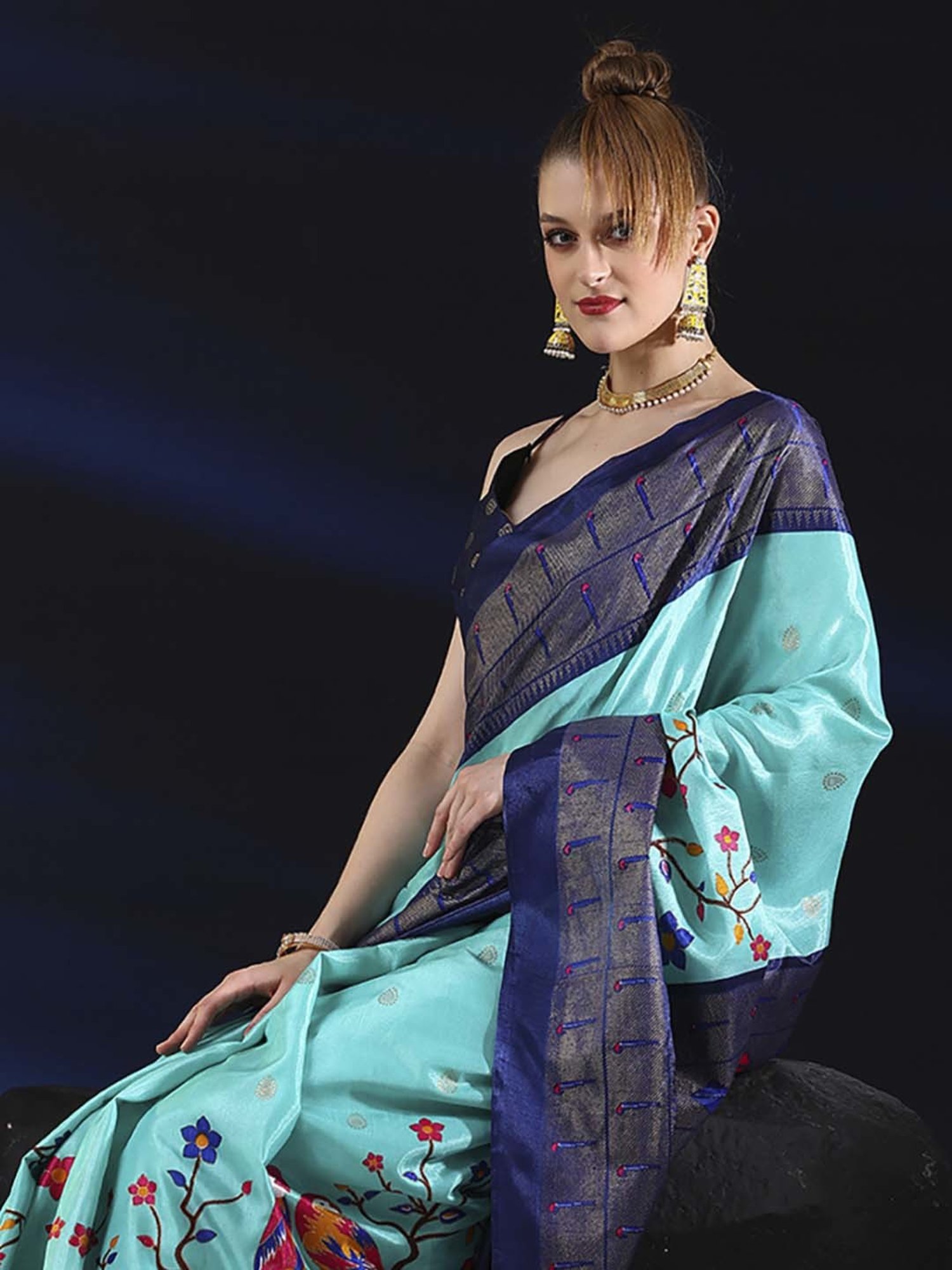 Saree Mall Blue Silk Printed Saree With Unstitched Blouse