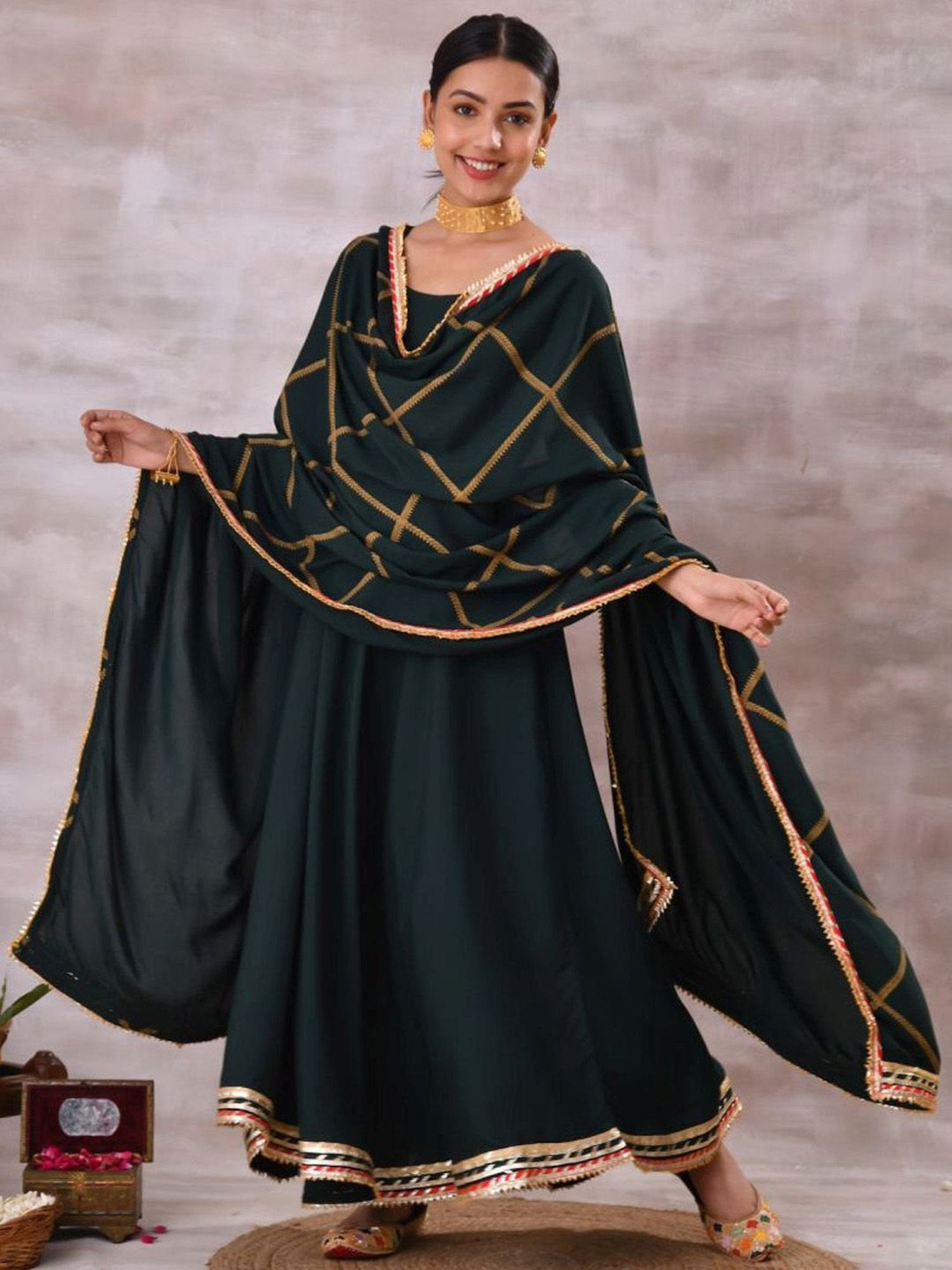 Rustorange Emerald Green Printed Kurta Dress with Dupatta